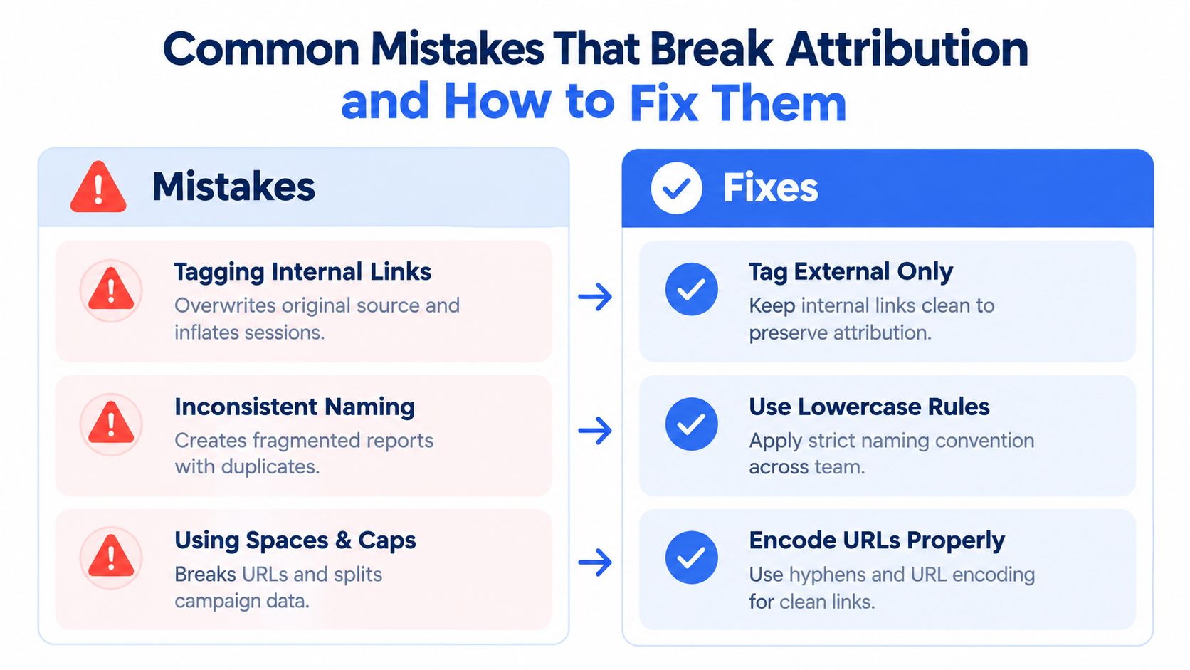 A chart highlighting common mistakes that break marketing attribution and practical fixes for better data accuracy.