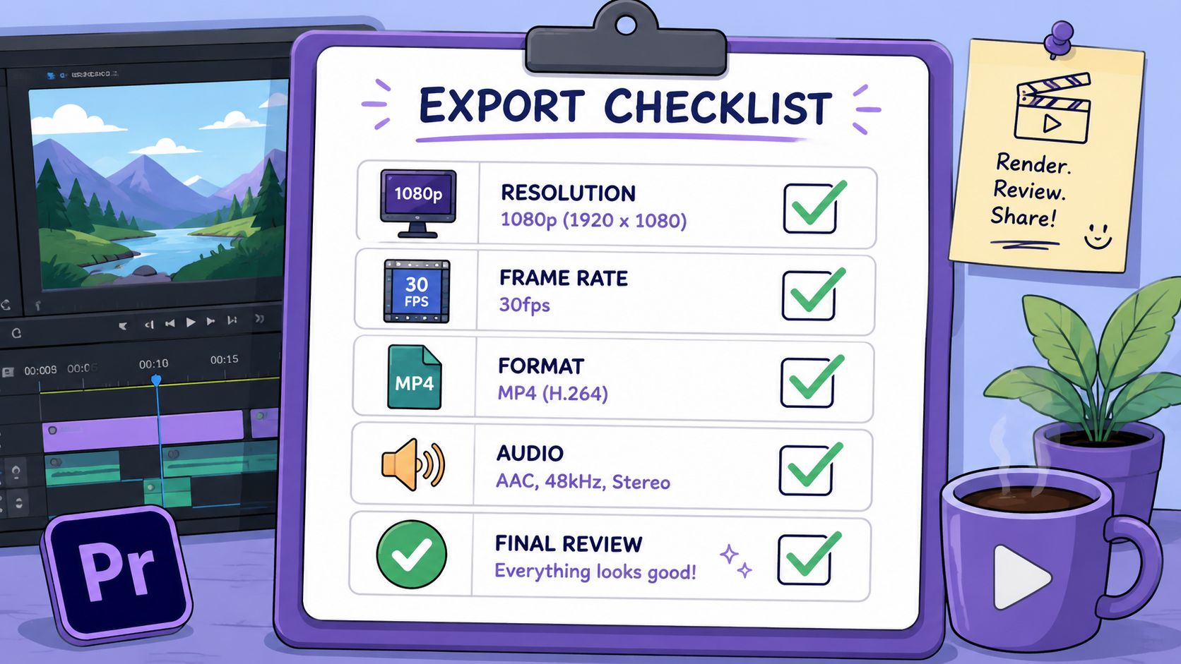 A digital checklist on a clipboard showing video export settings for social media editing projects.