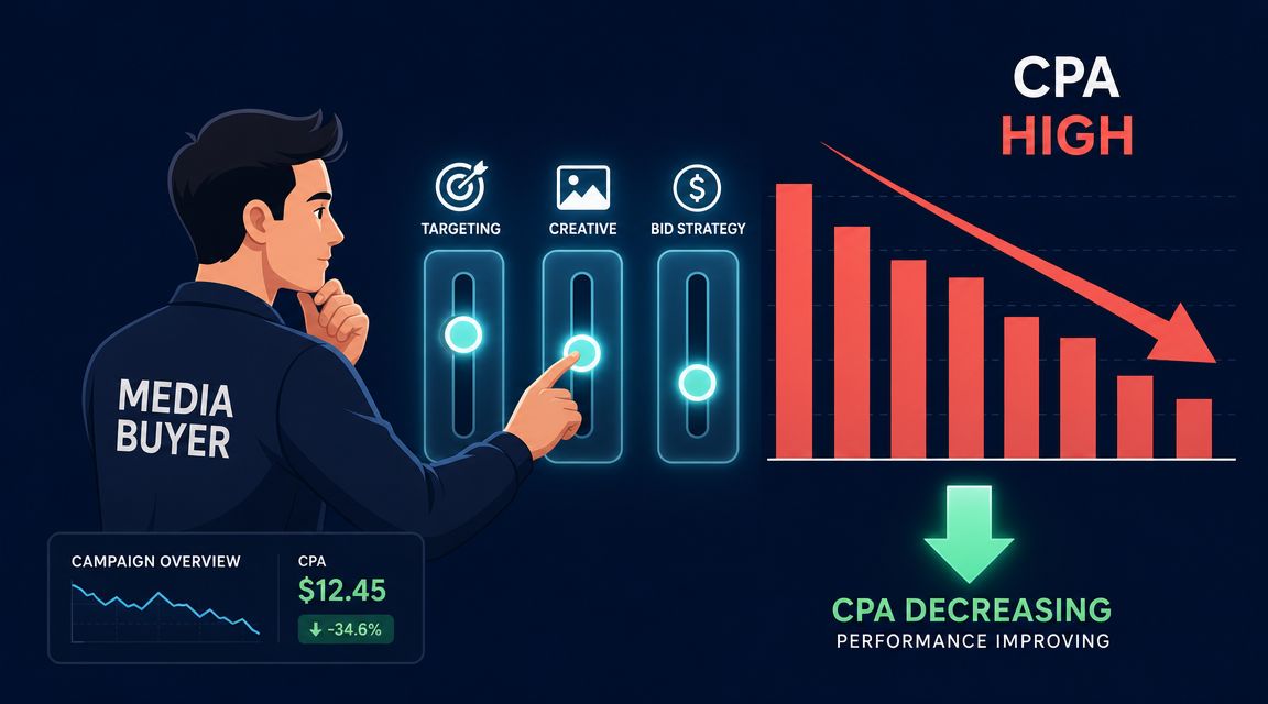 A media buyer adjusts digital sliders to optimize campaigns and reduce high CPA costs effectively.