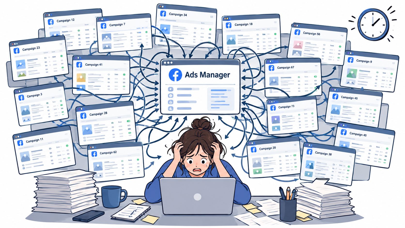 A stressed woman working on a laptop, overwhelmed by many floating Facebook Ads Manager campaign windows.