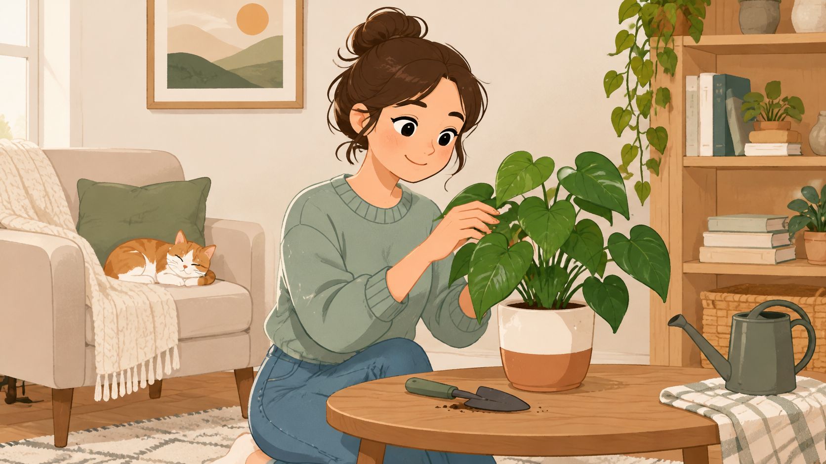 A young woman in a green sweater gently tends to her indoor potted plant at home.