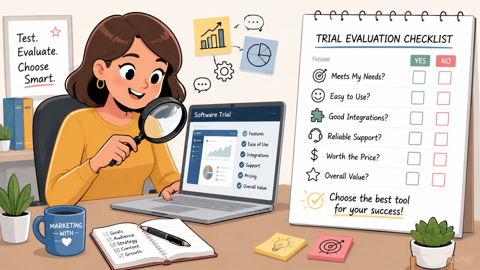 A woman evaluates software using a checklist on a laptop to make smart digital marketing business decisions.