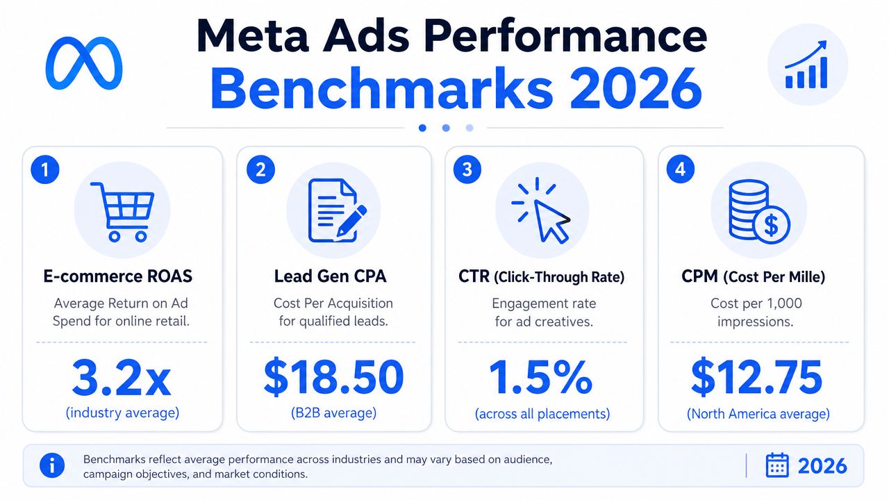 A performance benchmark infographic for Meta ads in 2026 showing ROAS, lead generation CPA, CTR, and CPM statistics.