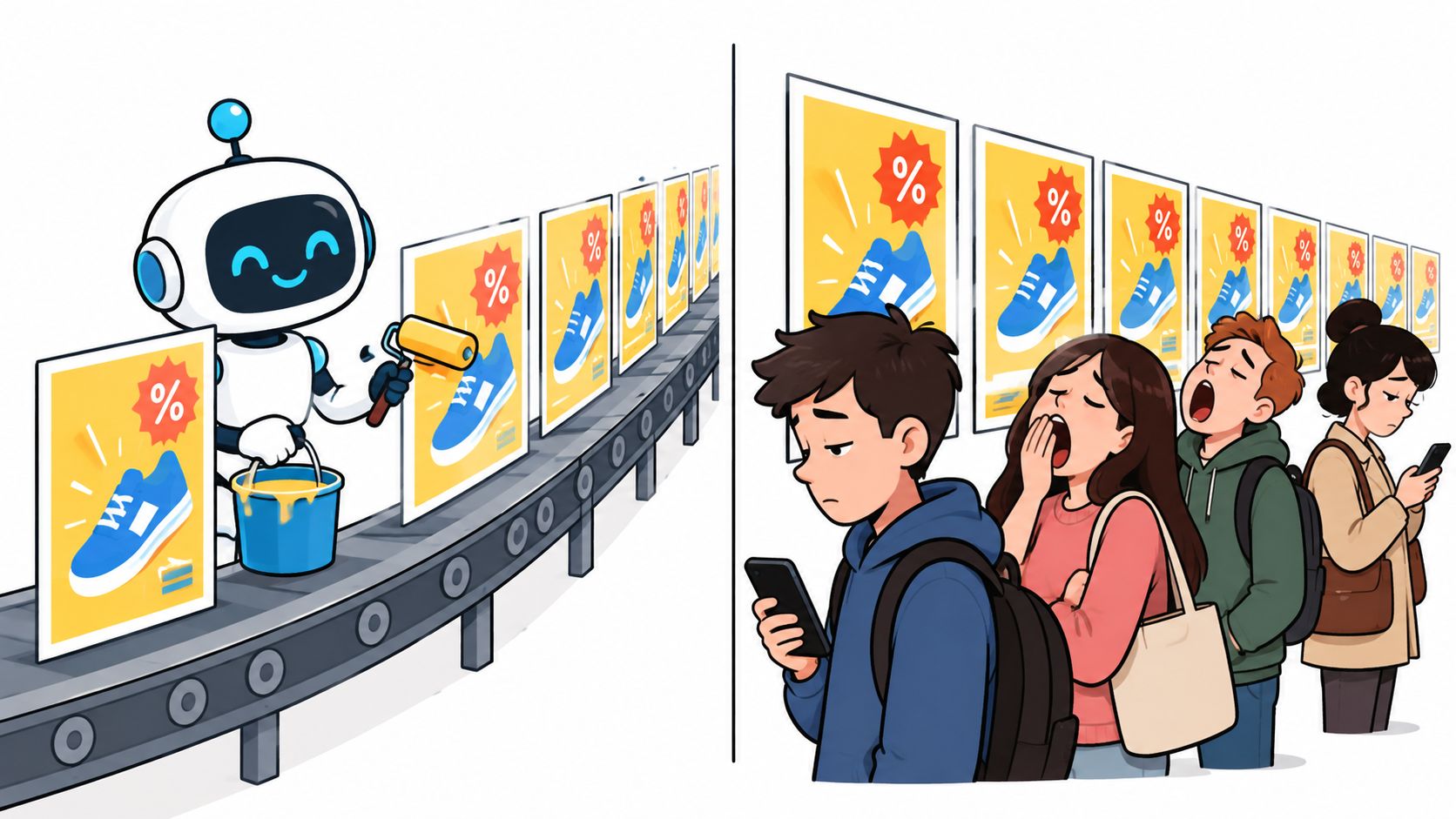 A robot painting discount posters while a bored group of people stand in a waiting line.