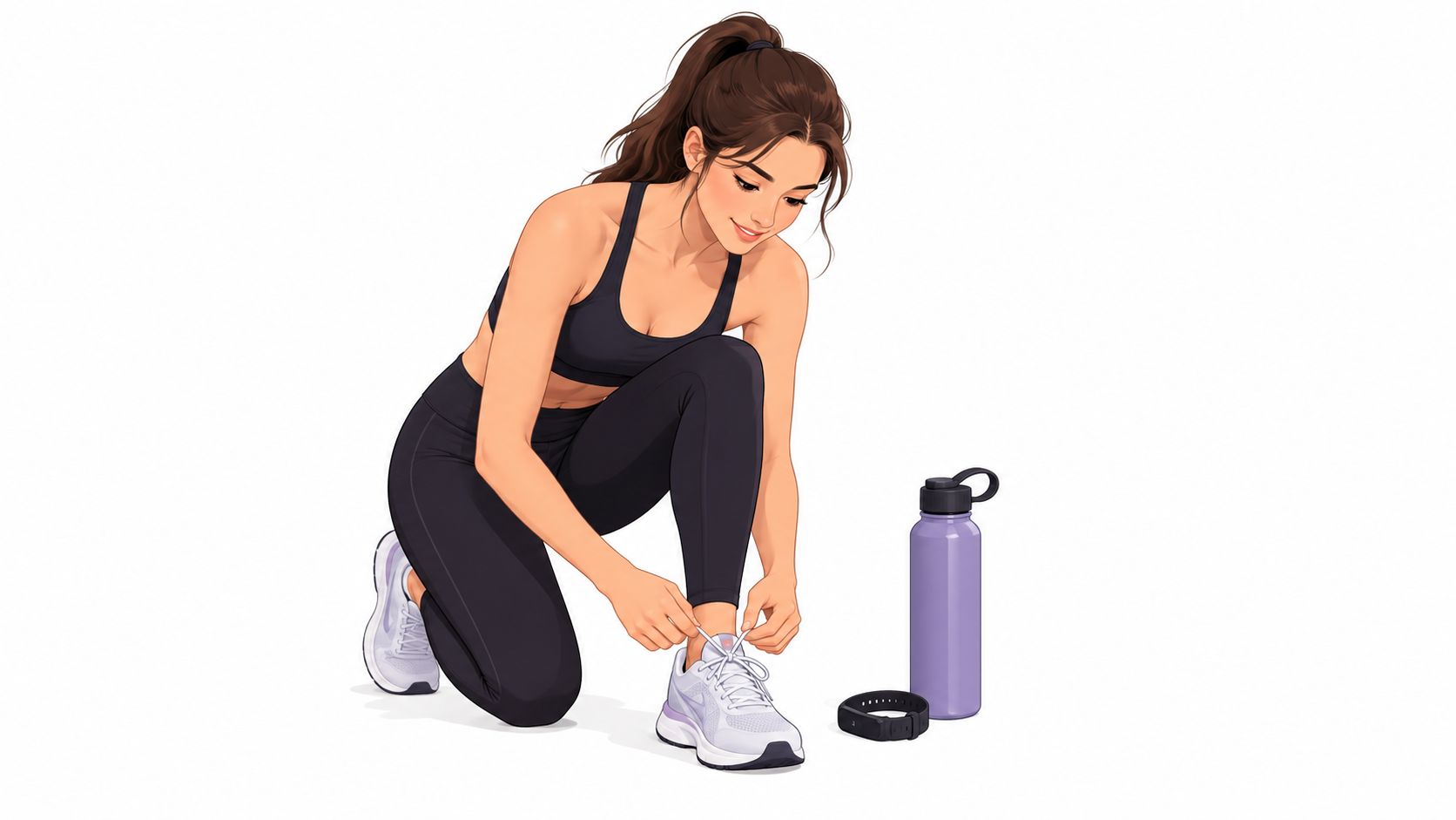 A fit woman tying her shoelaces while preparing for a workout next to her water bottle.