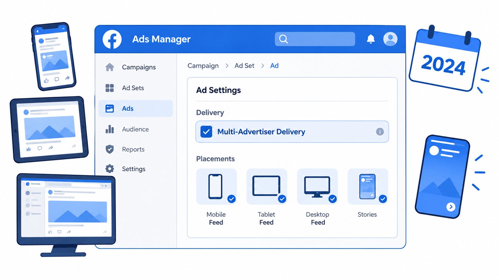 A digital interface illustrating Facebook Ads Manager with settings for multi-advertiser delivery and various device ad placements.