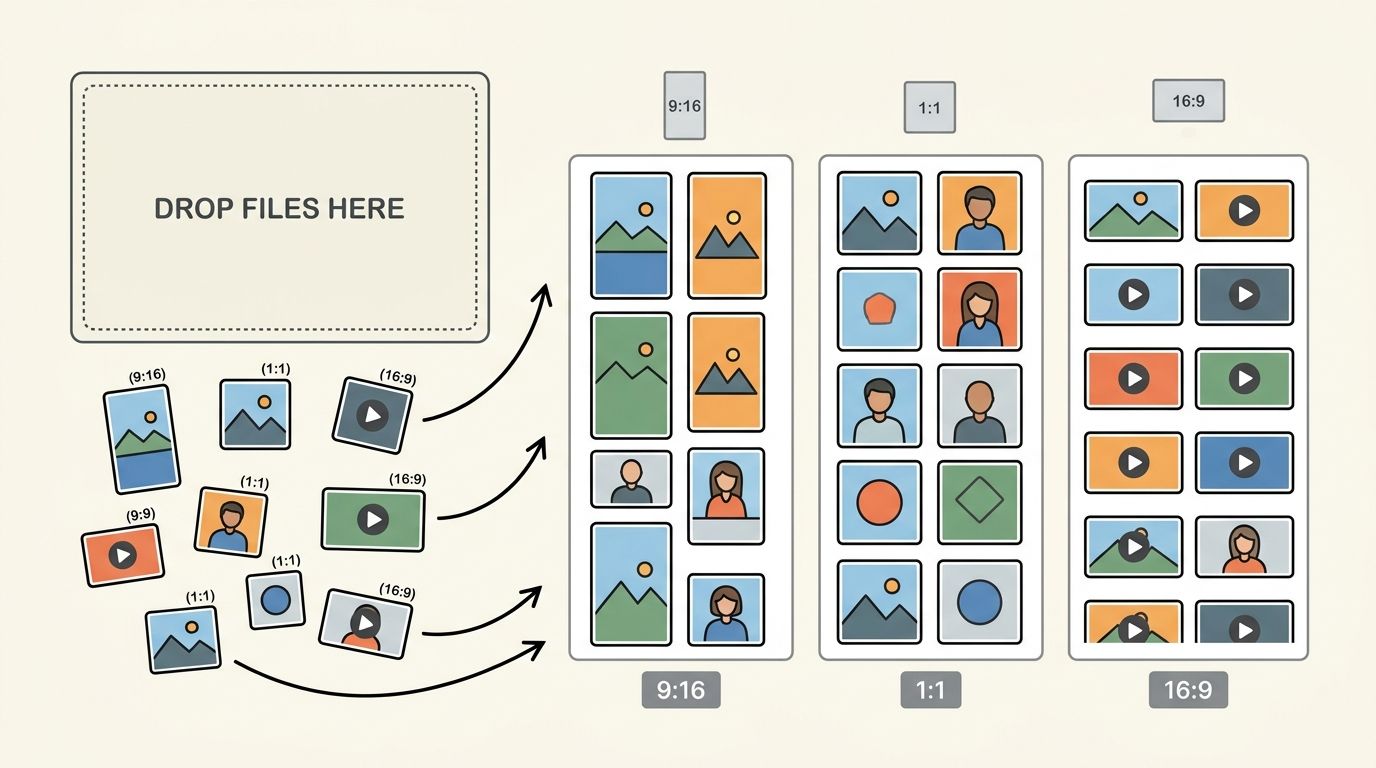 An illustration showing how to organize and resize different media files for various social media ad formats.
