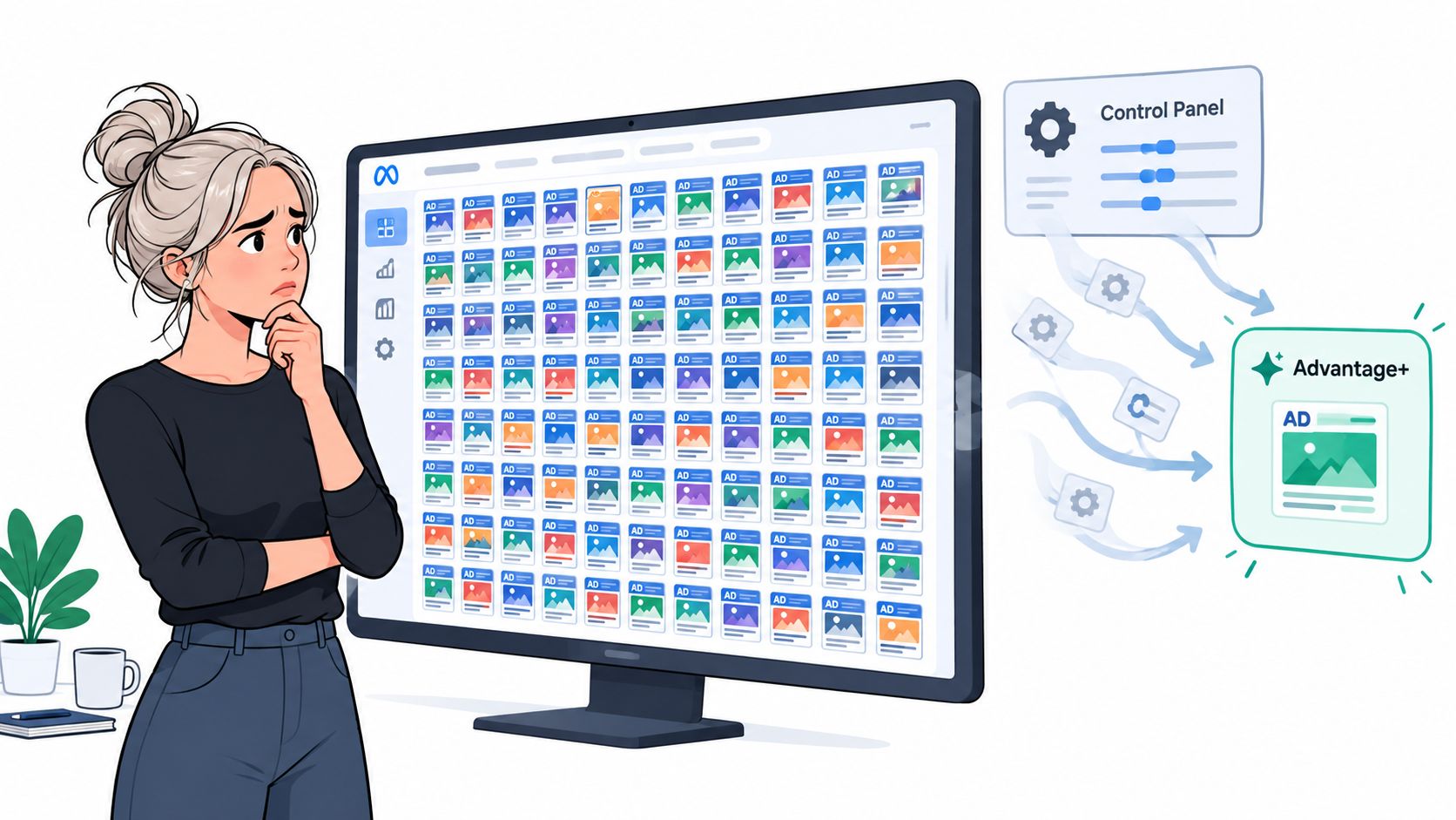 A woman looks thoughtful at a monitor displaying numerous ad sets being integrated into Meta Advantage plus.