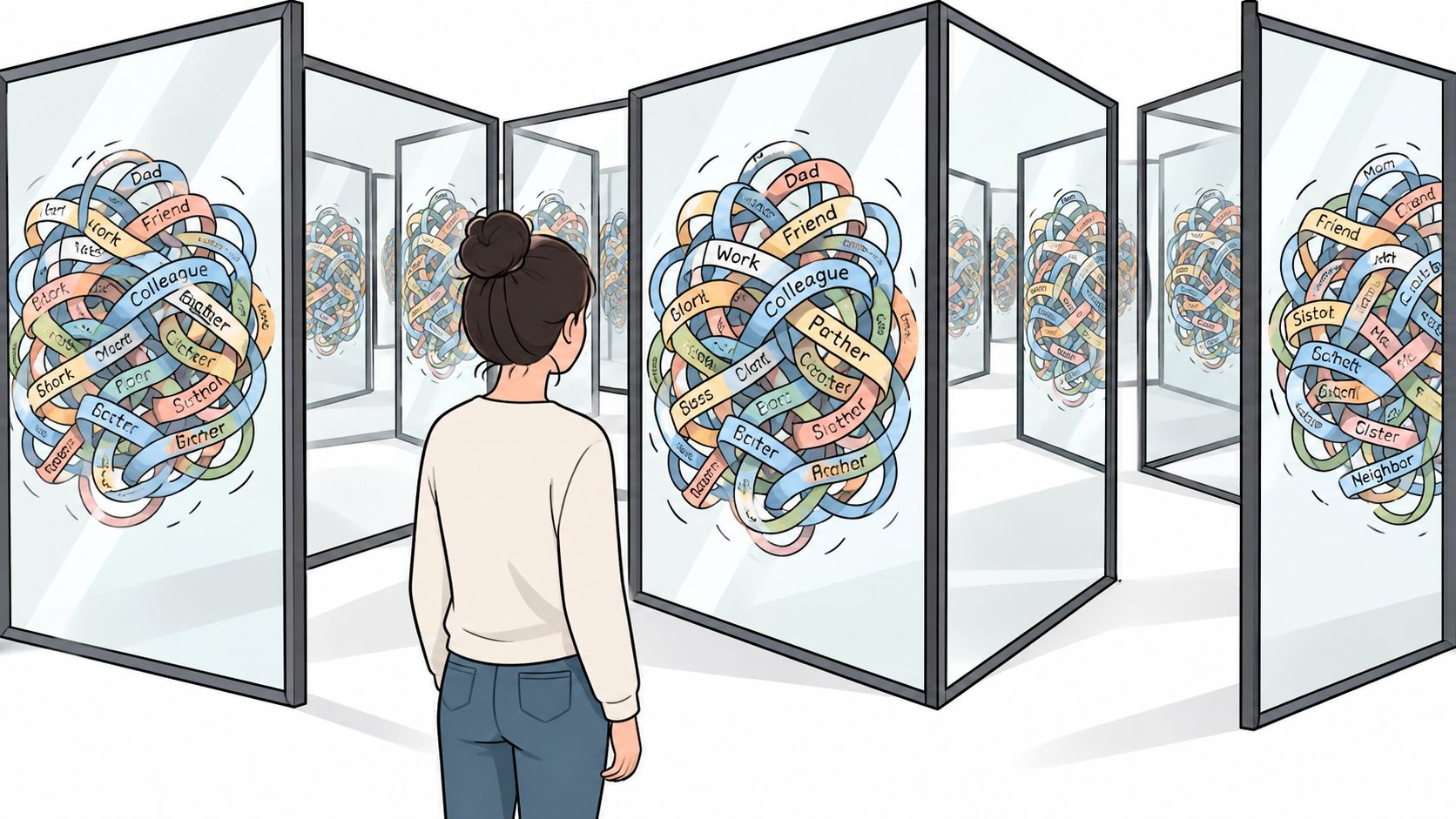 A person standing in front of glass panels featuring complex, tangled word clouds illustrating social identities.