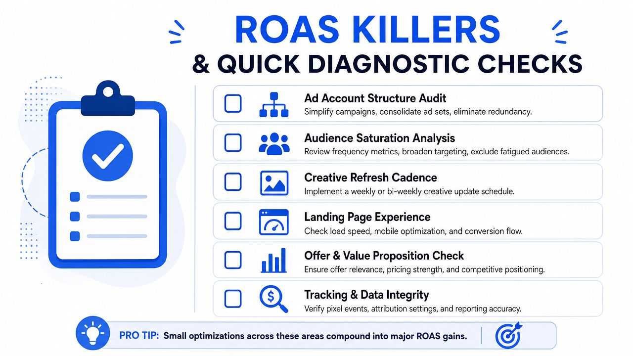 A checklist of six diagnostic steps to improve ROAS for digital advertising campaigns and marketing strategies.