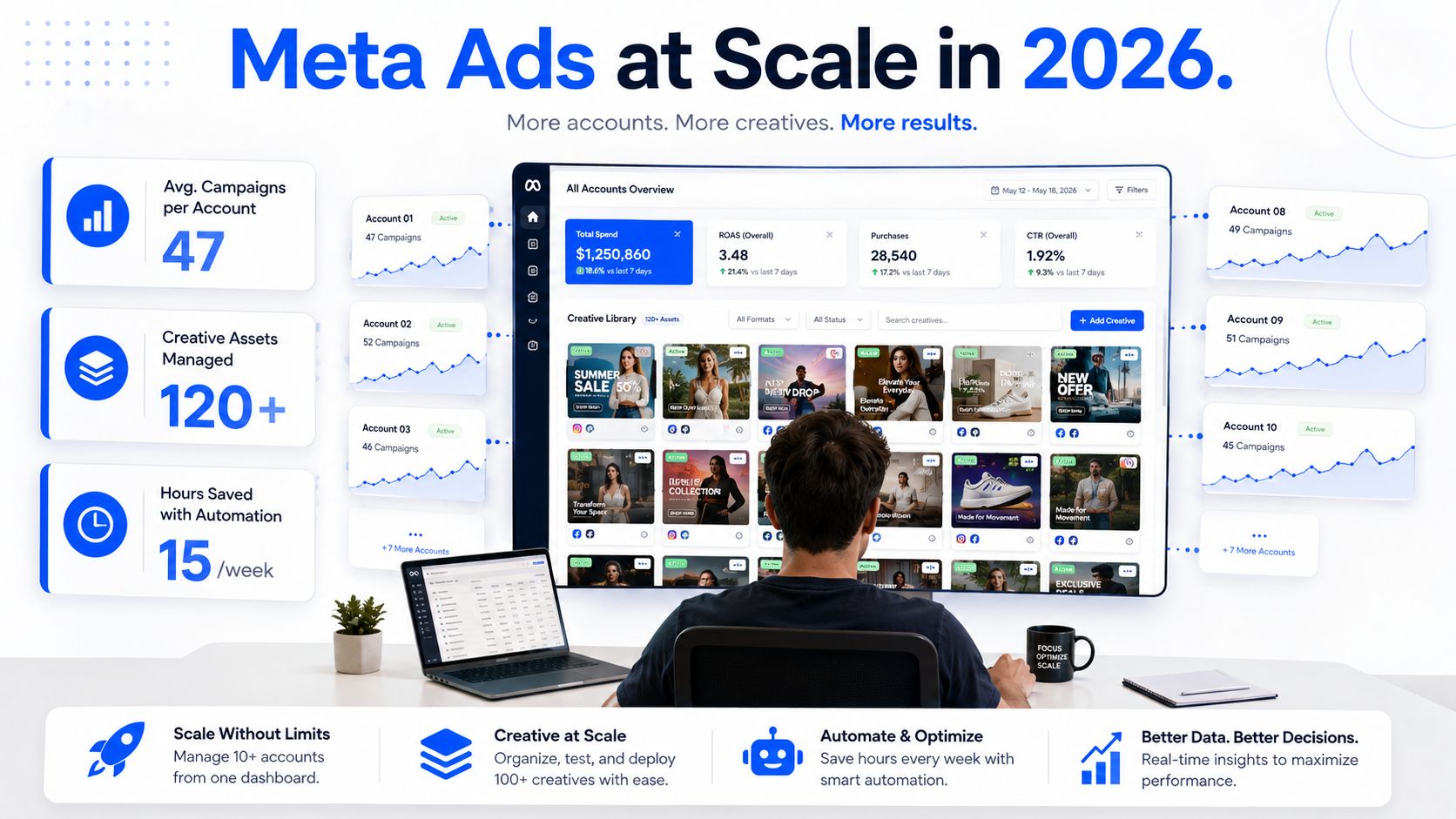 A person viewing an advanced Meta Ads dashboard for managing multiple advertising accounts and creative assets efficiently.