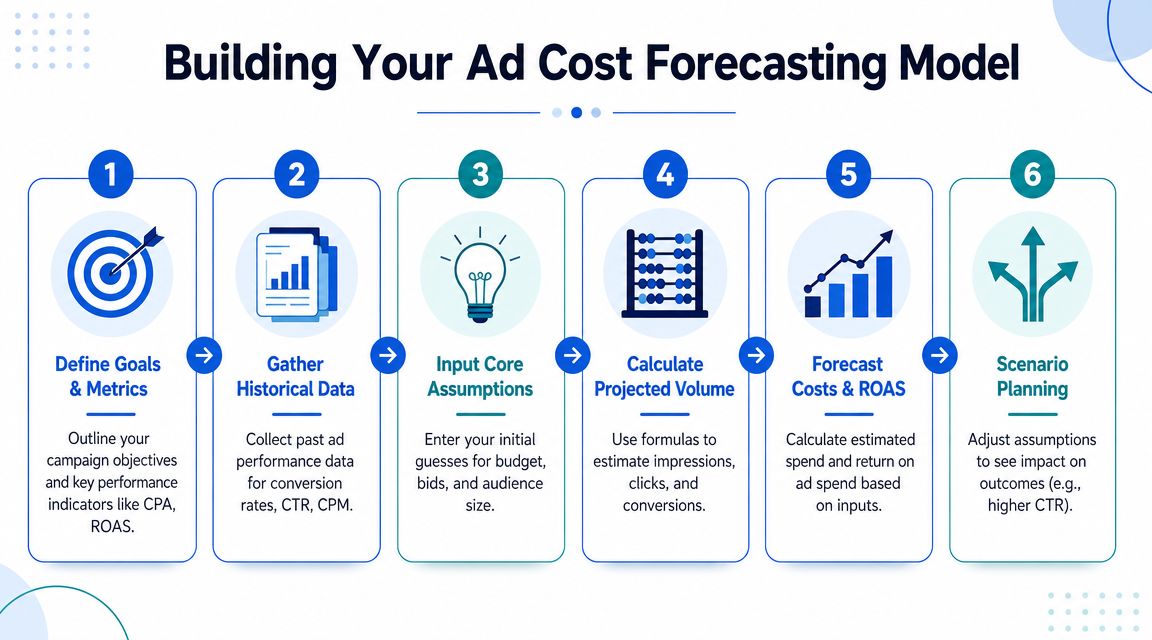 A six-step infographic illustrating the process for building an effective advertising cost forecasting model.