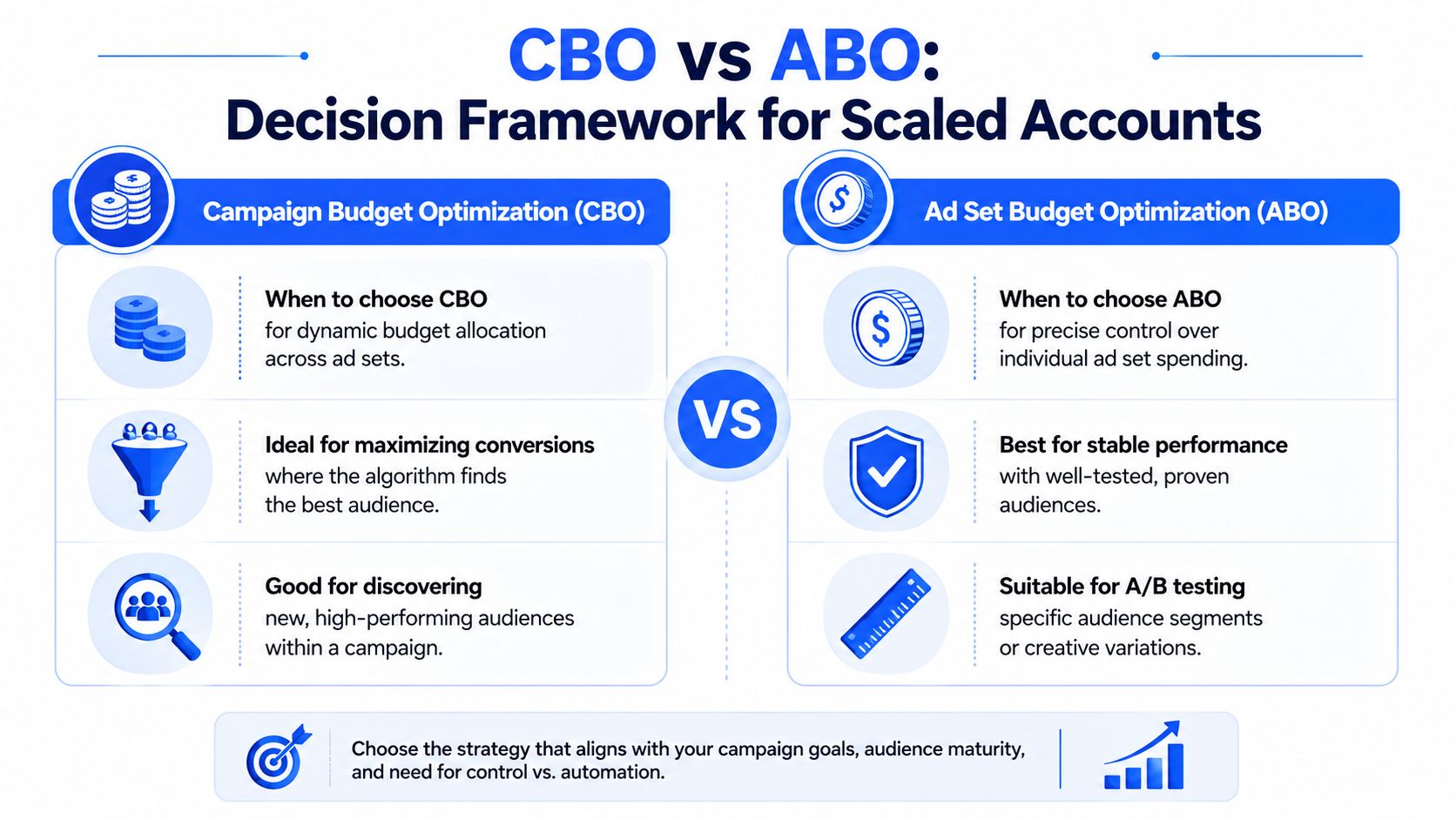A comparison infographic between Campaign Budget Optimization and Ad Set Budget Optimization for digital marketing strategies.