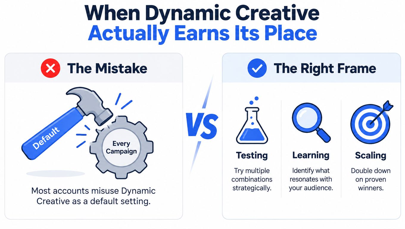 A graphic comparing the misuse of dynamic creatives as a default versus using them for strategic testing.