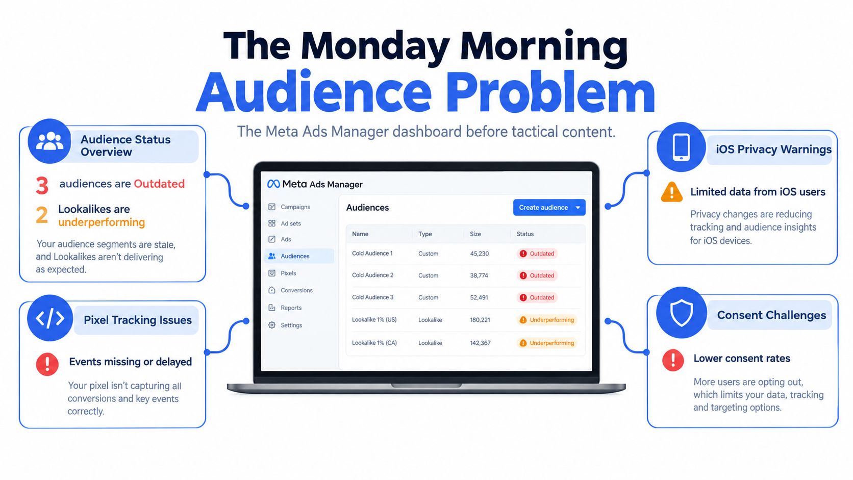 A digital graphic titled The Monday Morning Audience Problem displaying Meta Ads Manager dashboard with audience and tracking errors.