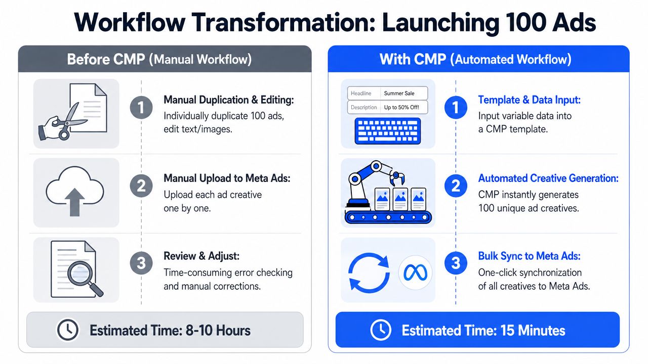 A comparison infographic showing how a Creative Management Platform automates ad production, saving significant time versus manual workflows.
