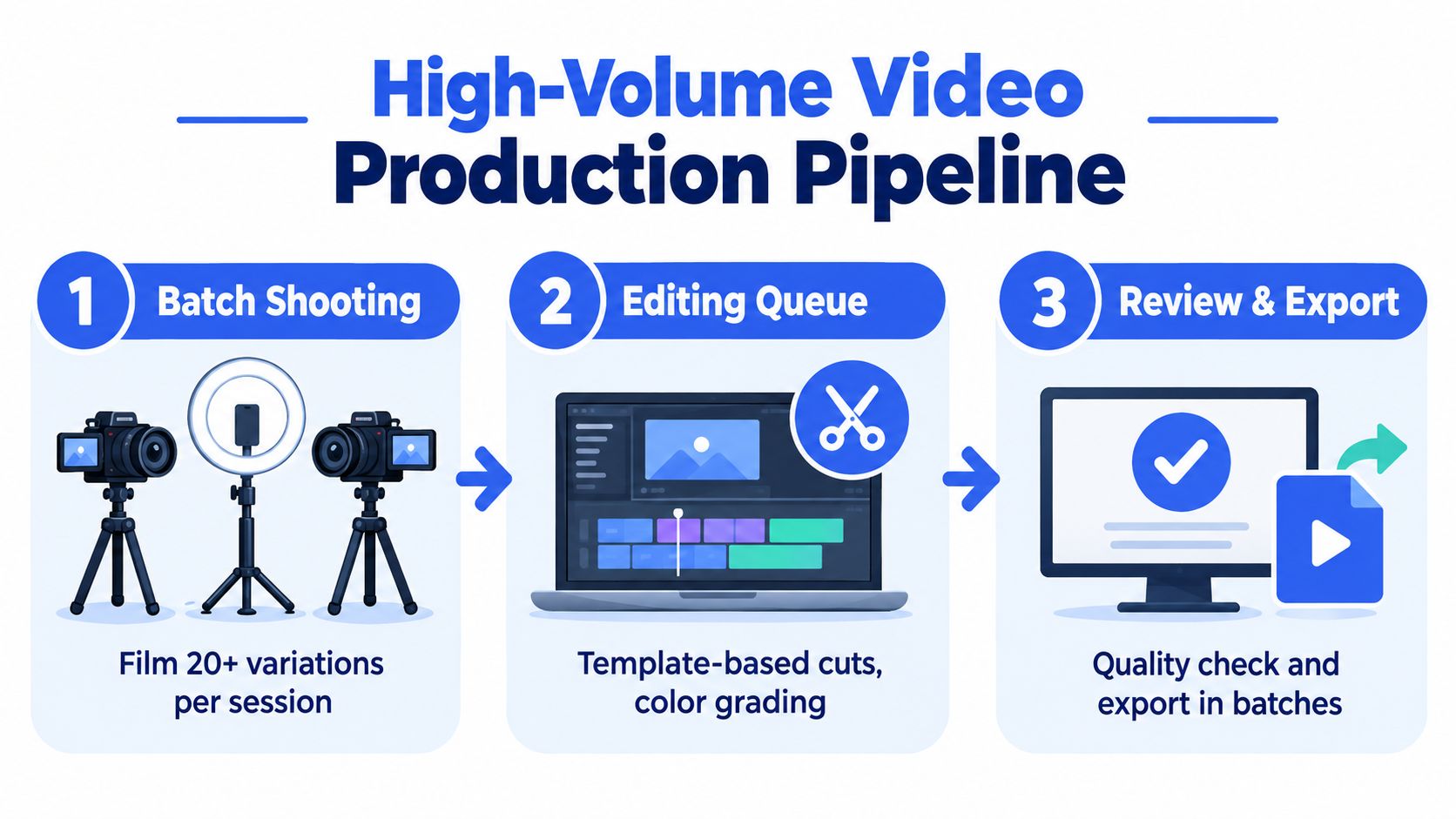 An infographic showing a high-volume video production pipeline consisting of batch shooting, editing queue, and export.