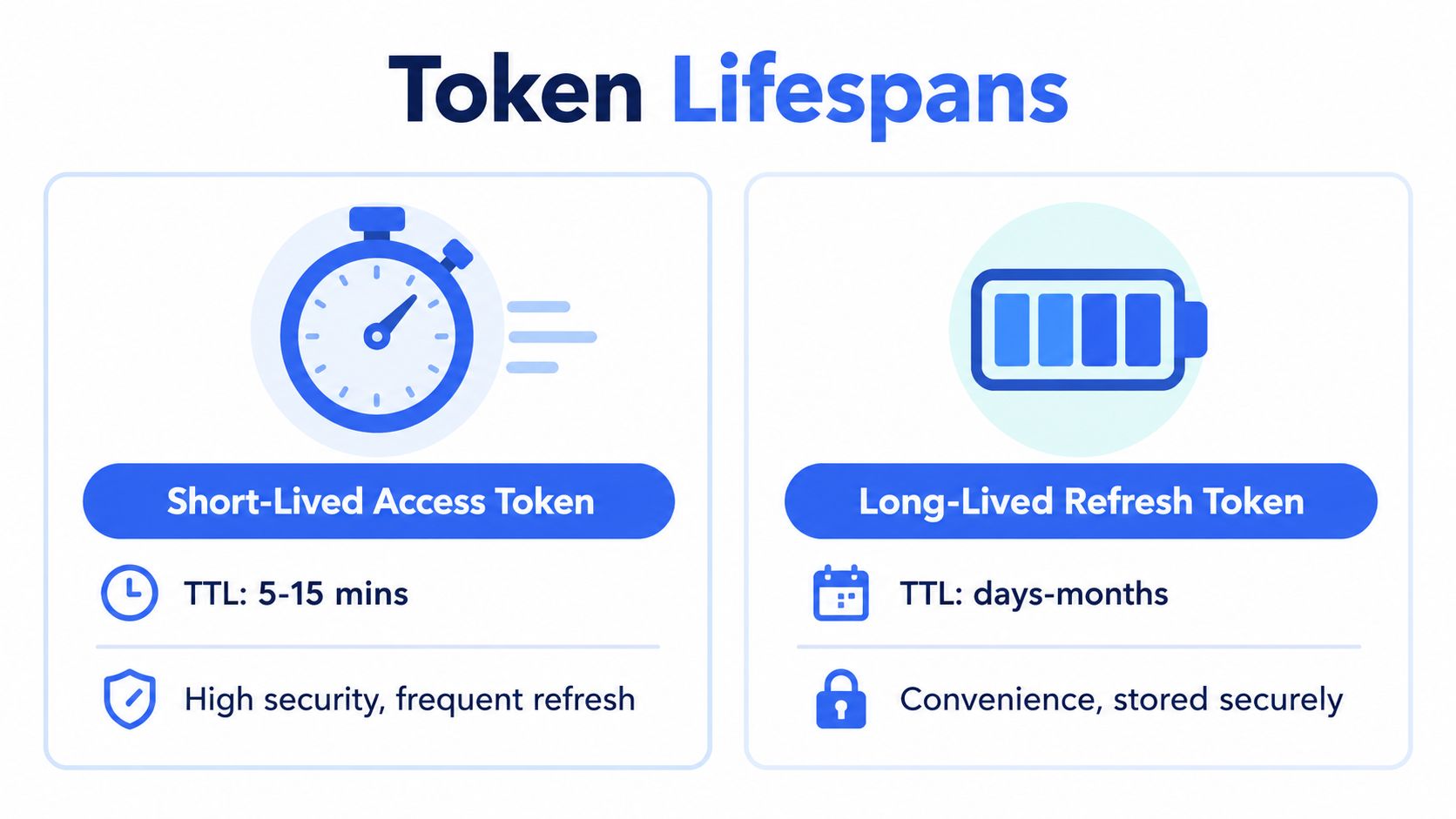 A comparison chart showing the differences between short-lived access tokens and long-lived refresh tokens for security.