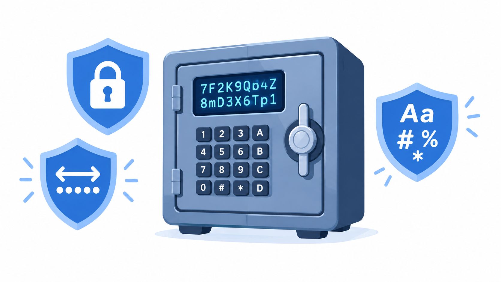 A secure metal safe protected by digital encryption and password strength icons representing cybersecurity.