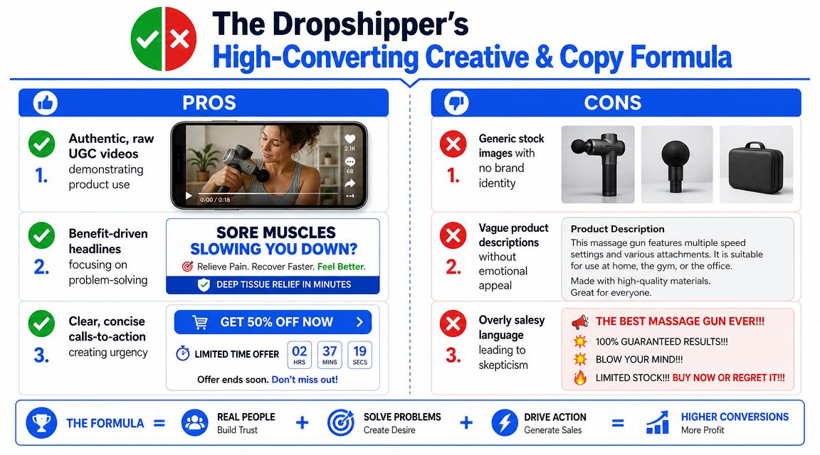 A marketing infographic comparing effective dropshipping creative strategies against common, ineffective advertising mistakes to increase sales conversions.