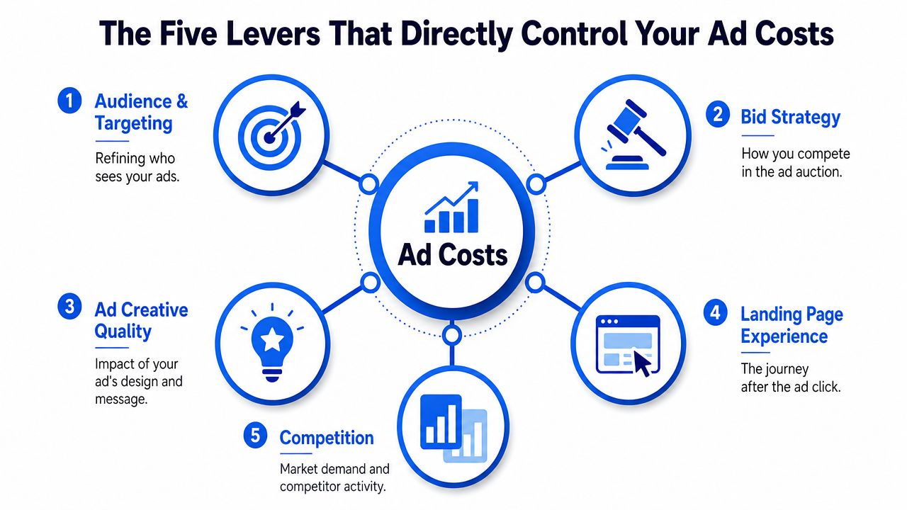 A diagram illustrating the five main factors that influence and control your online advertising costs.