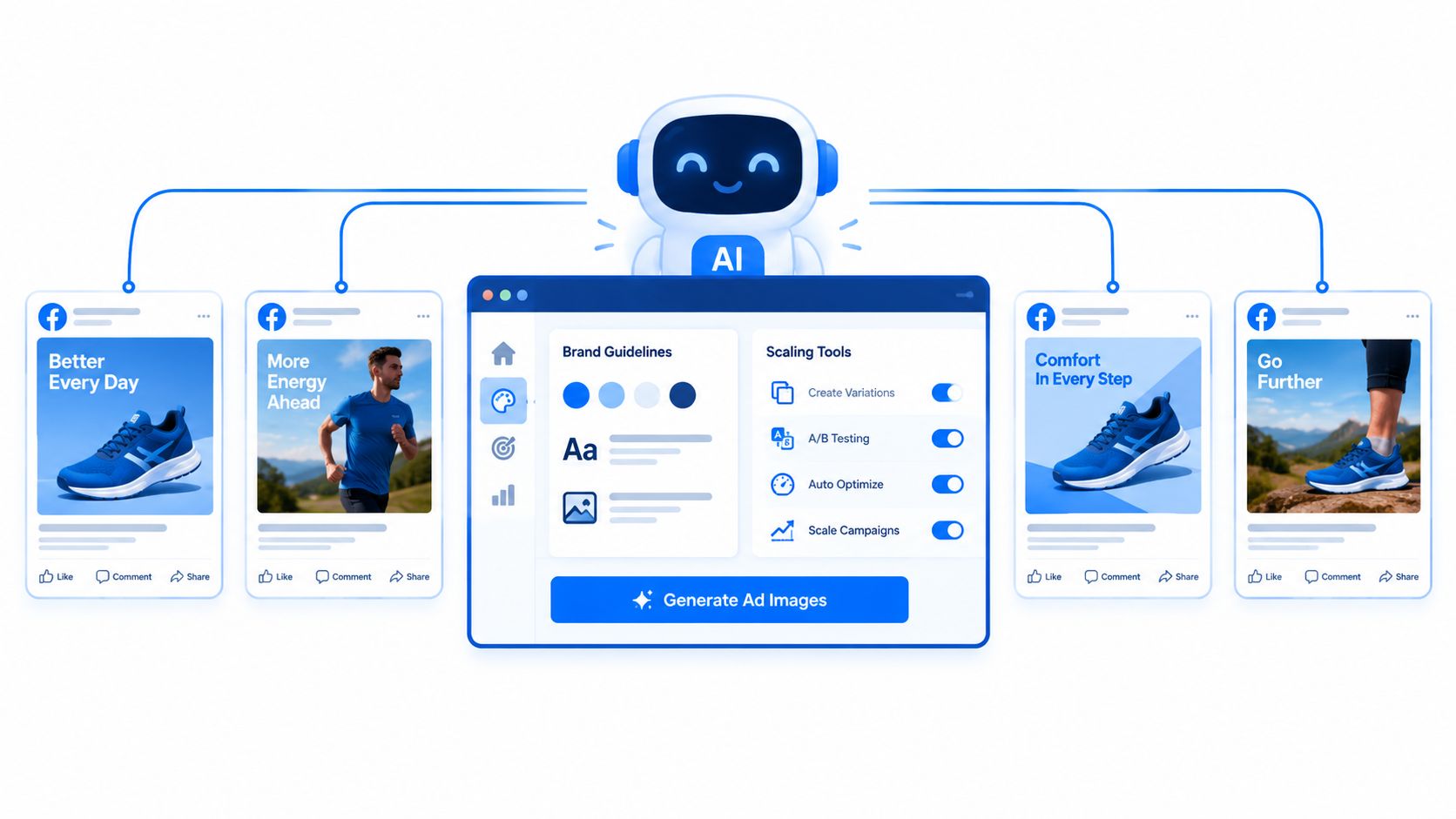 An AI bot centrally connected to multiple Facebook ad variations for a shoe brand with editing tools.