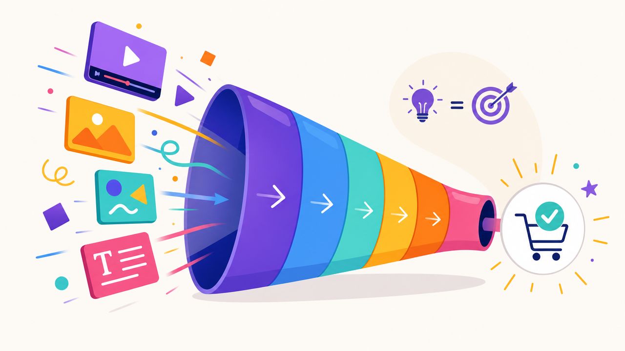 A digital marketing funnel illustration showing various content formats leading to a completed purchase in a shopping cart.