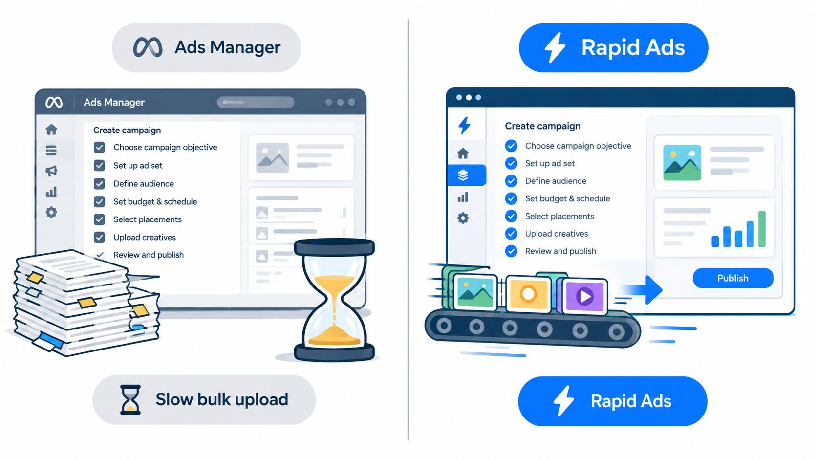 A comparison between the manual Facebook Ads Manager process and the automated, faster Rapid Ads platform workflow.