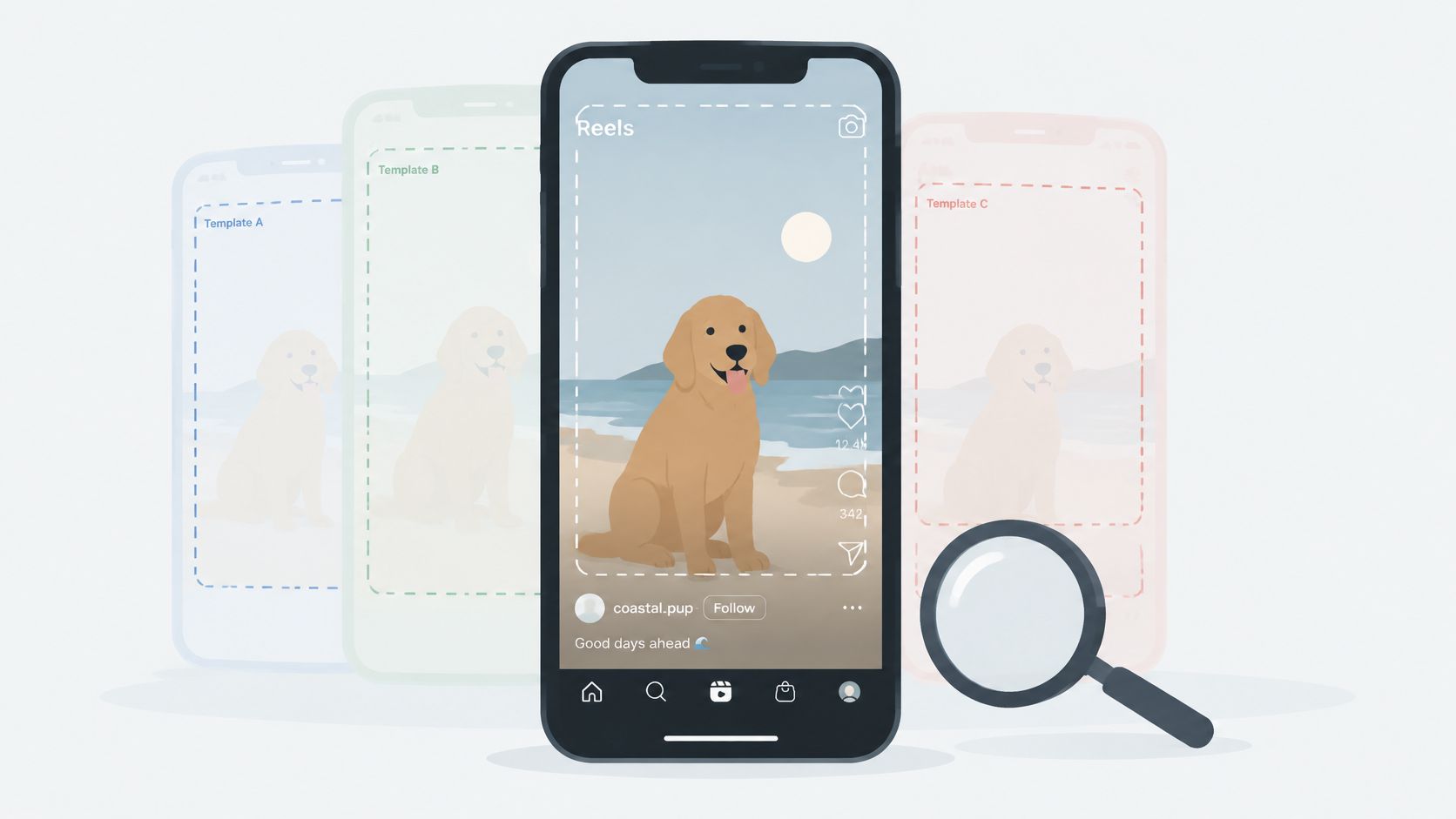 A smartphone screen displaying a Reels interface with a golden retriever dog inside a safe zone area.