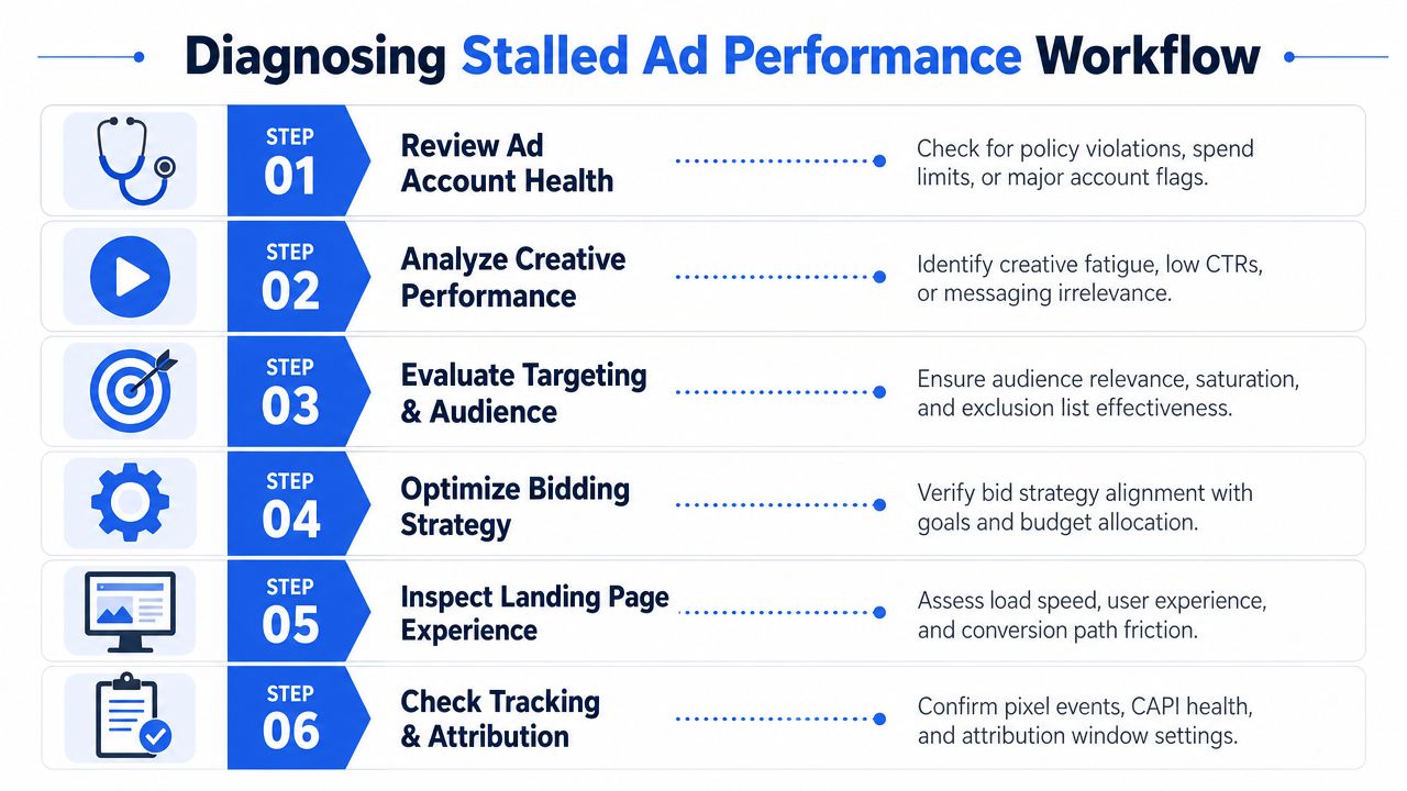 A six-step workflow diagram for diagnosing and troubleshooting stalled digital advertising performance across multiple marketing channels.