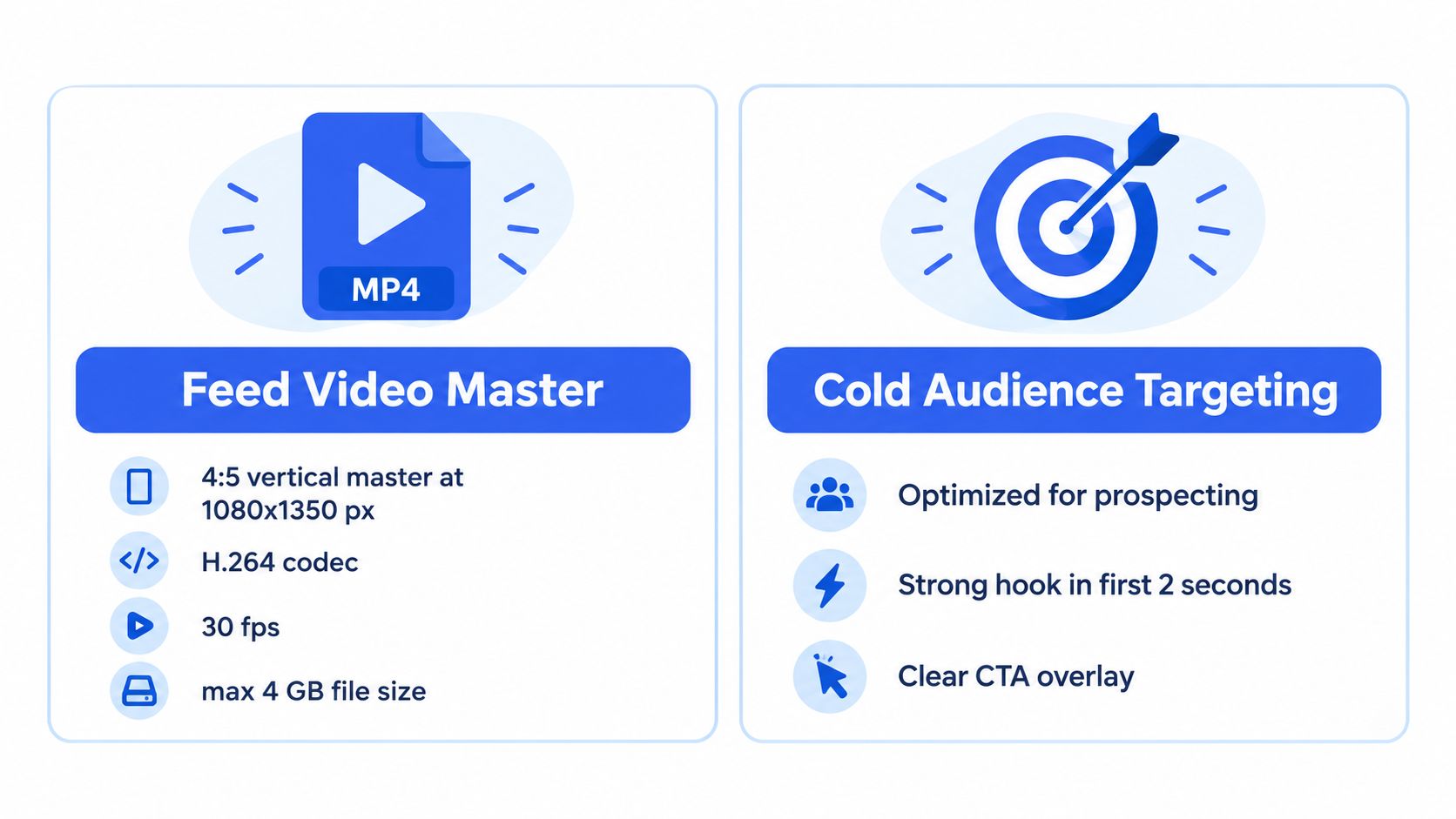 A graphic illustration detailing technical specifications for feed video masters and tips for cold audience targeting strategies.