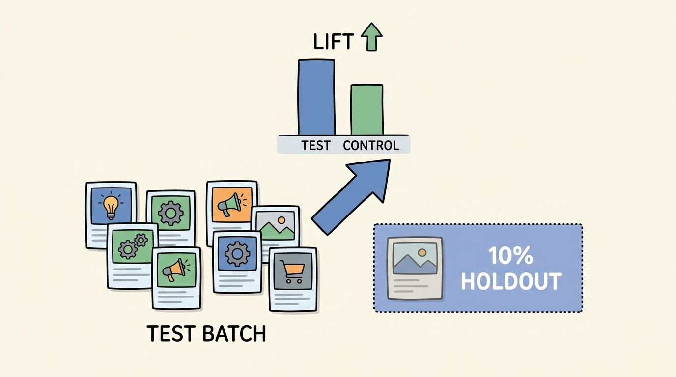 A marketing illustration showing a test batch of ads compared against a 10 percent holdout group.