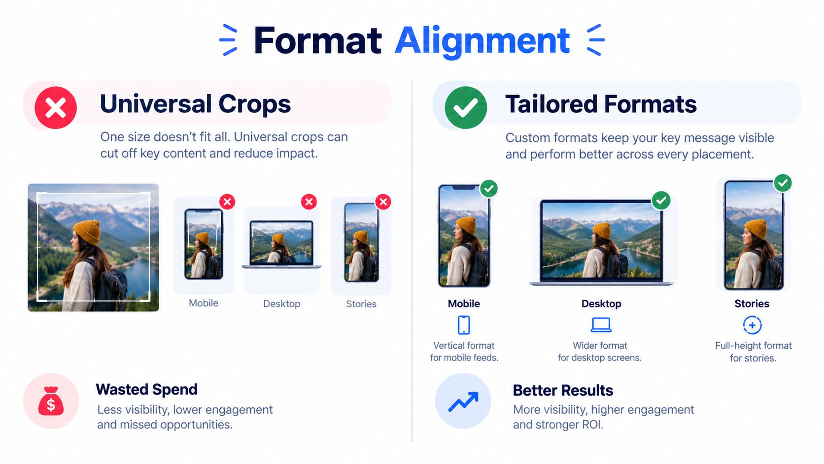 A comparison graphic showing how tailored ad formats improve engagement compared to using universal crops for ads.