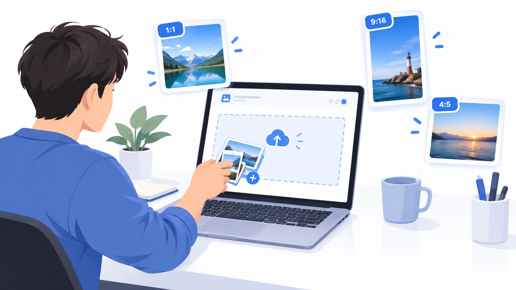 An illustrated person uploading various photo aspect ratios on a laptop for social media advertising campaigns.