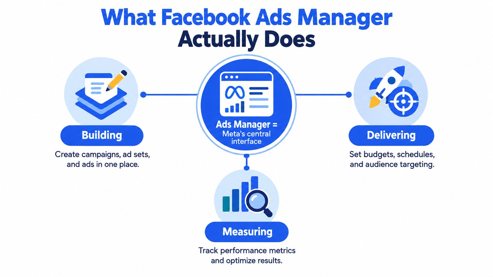 A diagram illustrating the three main functions of Facebook Ads Manager: building, delivering, and measuring advertising campaigns.