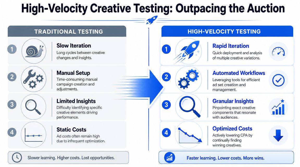A comparison chart showing the differences between traditional testing and high-velocity testing for creative ad performance.