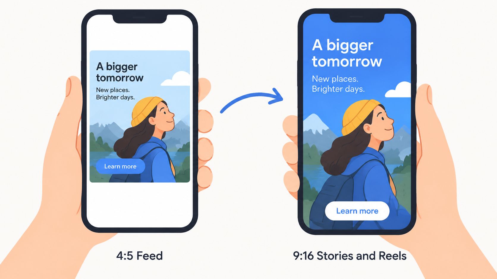 A comparison illustration showing phone screens displaying social media ads in 4:5 feed and 9:16 stories formats.