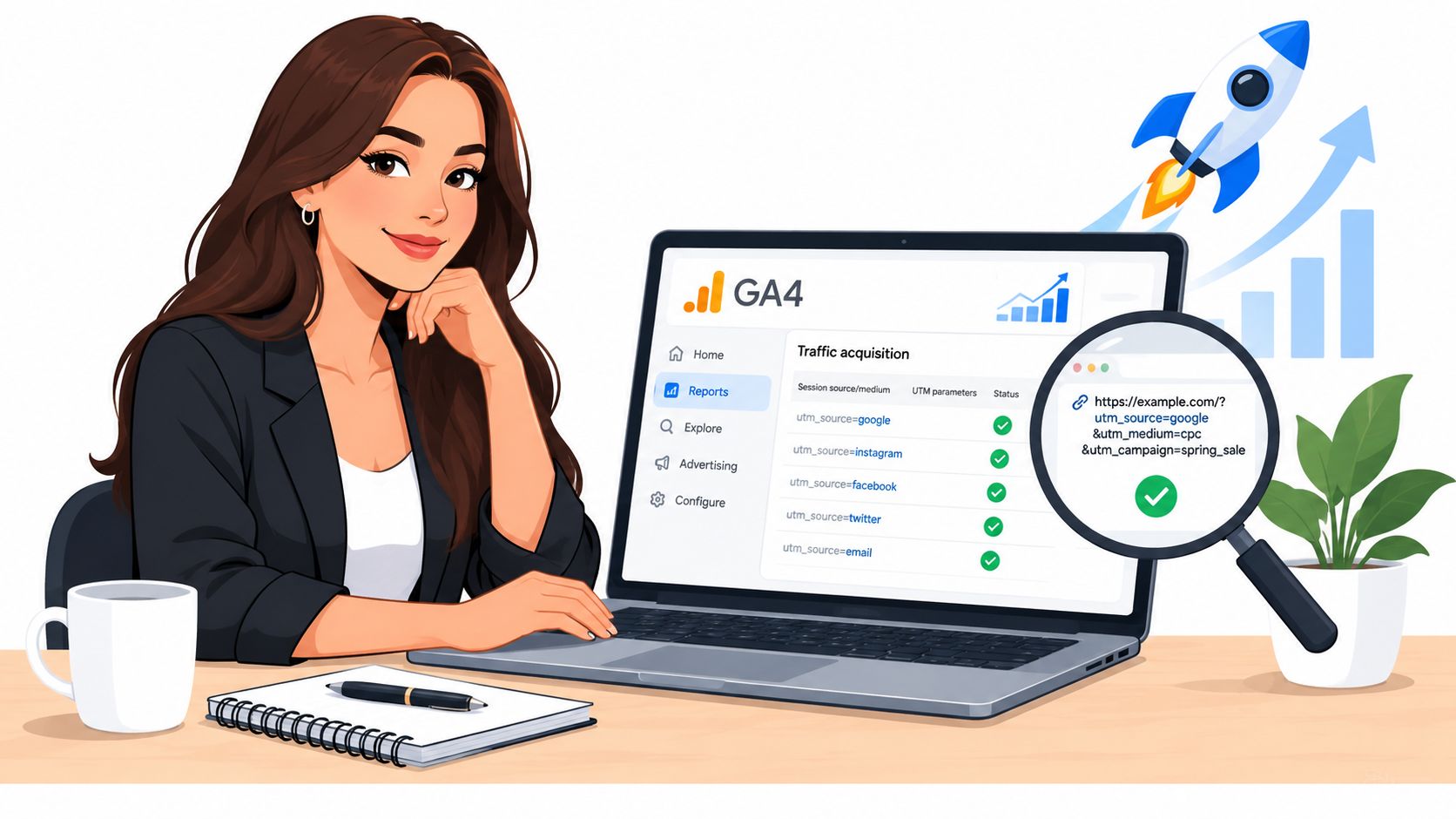 A businesswoman sitting at a desk with a laptop showing Google Analytics 4 traffic acquisition reports.
