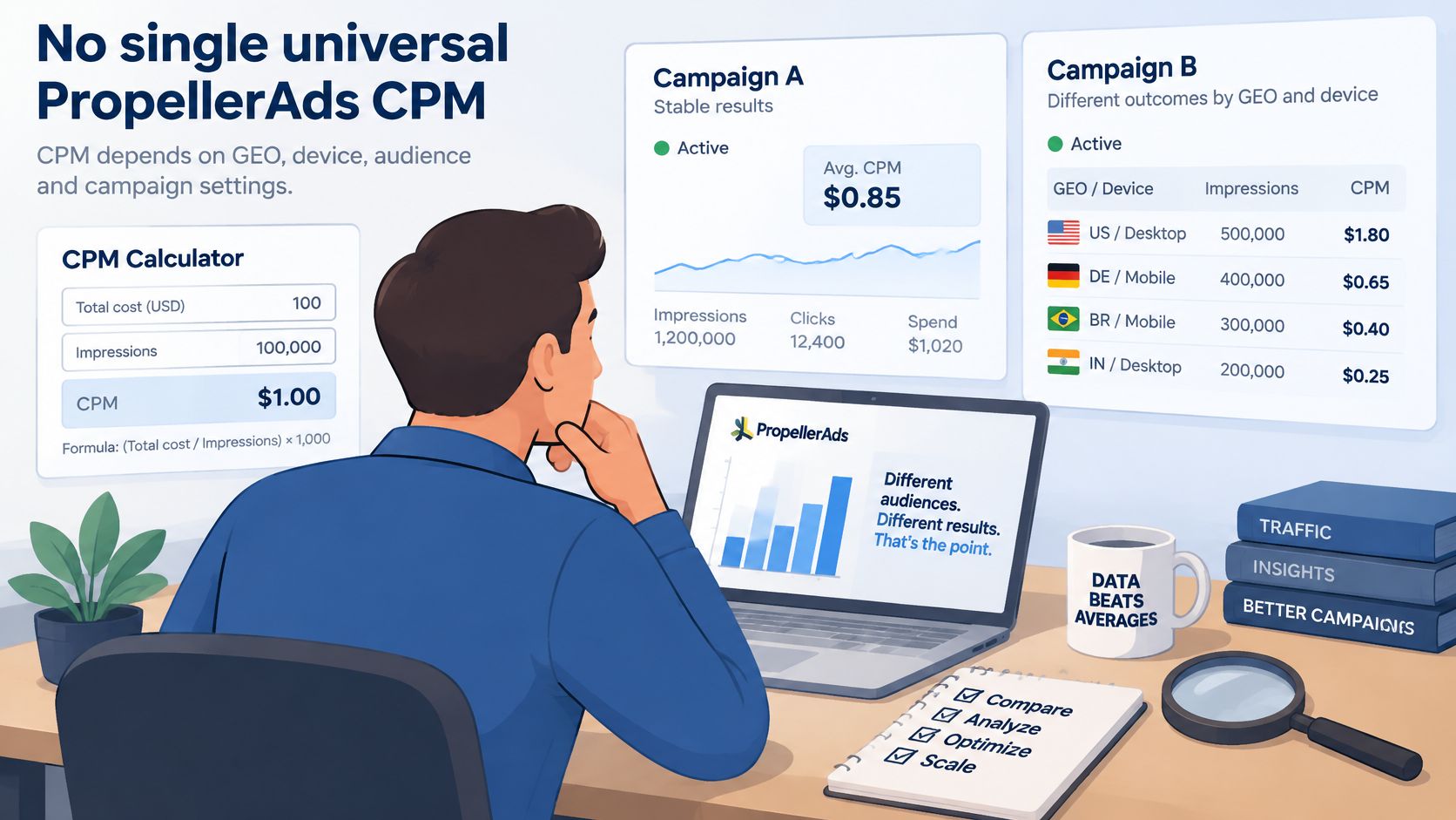 A digital marketer analyzing PropellerAds campaign performance data and CPM rates on a laptop in a workspace.