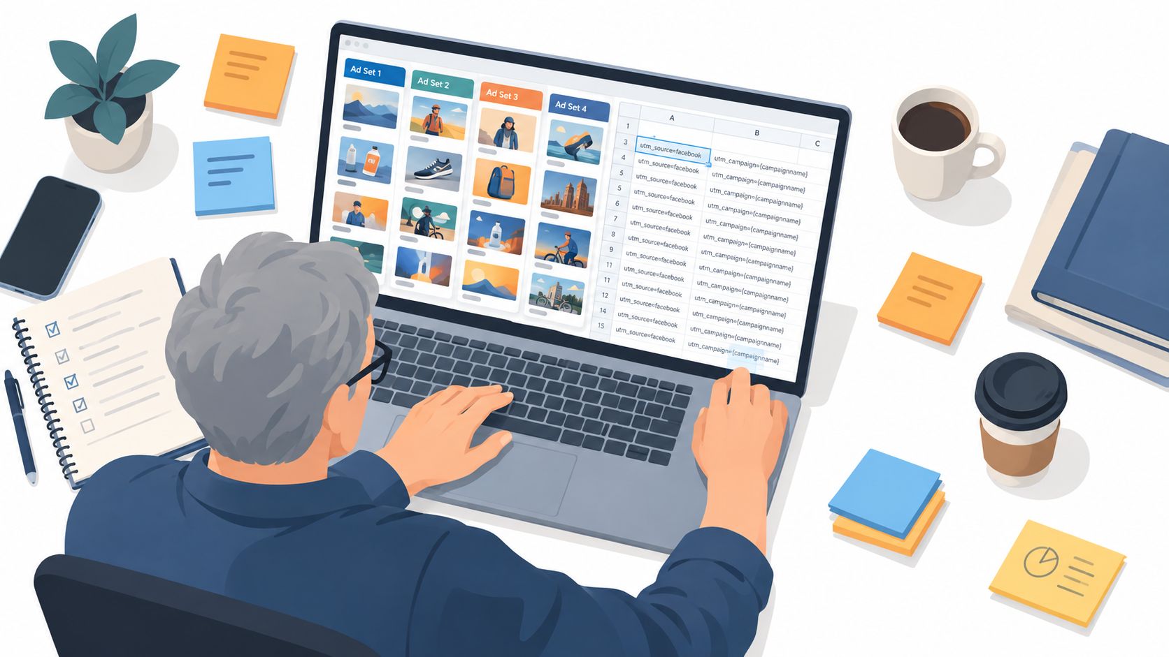 A professional working on a laptop, managing digital ad campaigns and tracking facebook url parameters.