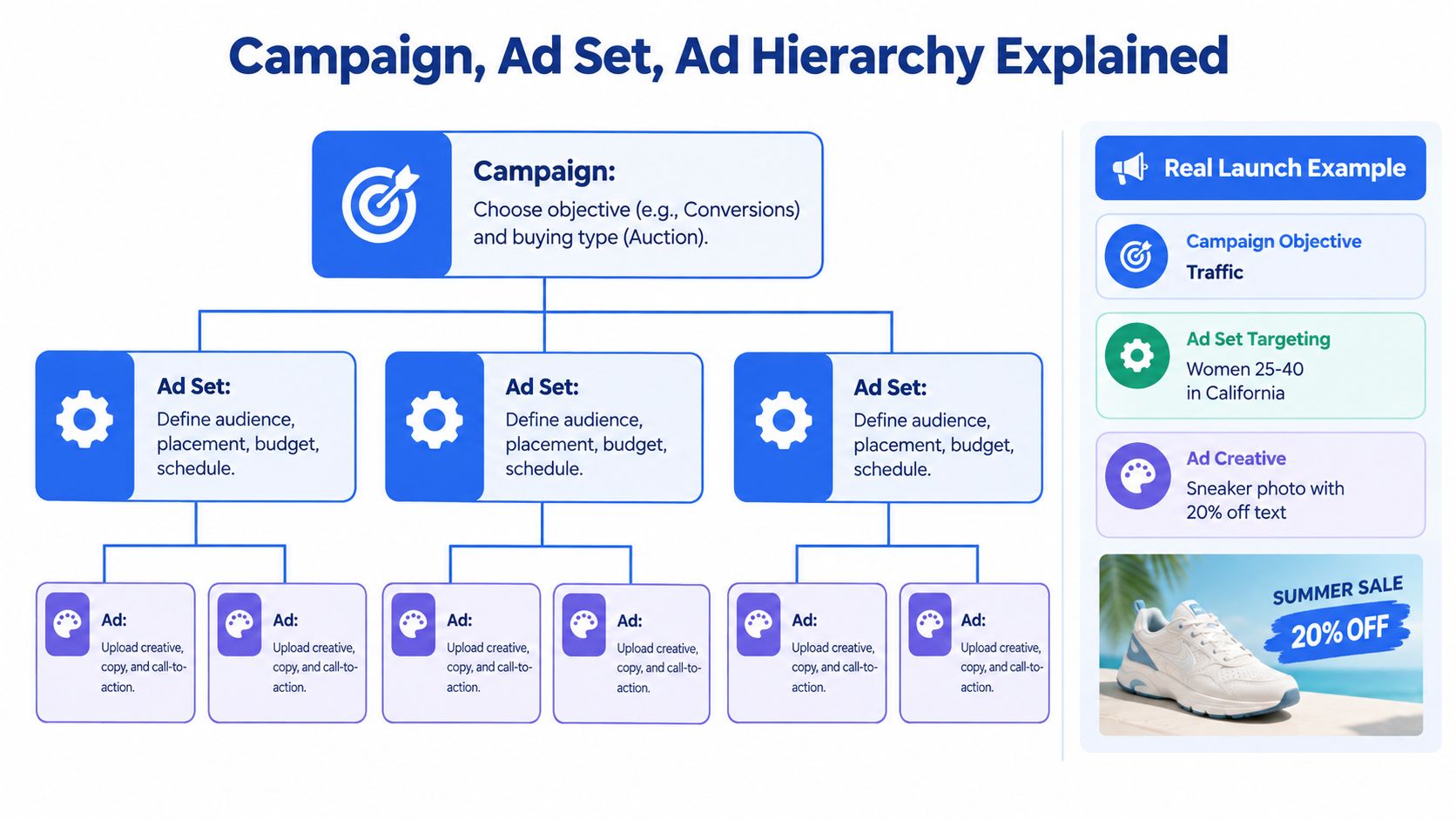 A diagram illustrating the hierarchical structure of a Facebook marketing campaign including campaigns, ad sets, and ads.