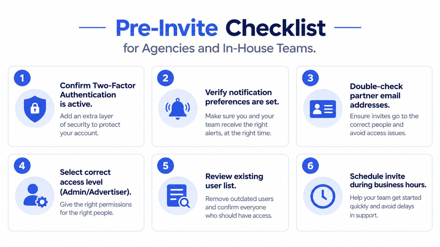A six-step pre-invite checklist for agencies and in-house teams to securely share Facebook ad account access.