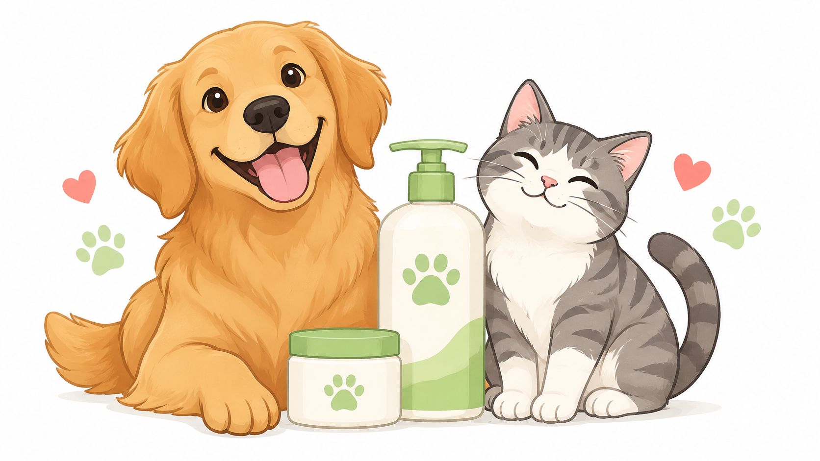 A happy golden retriever and a smiling grey tabby cat sitting next to pet grooming products.
