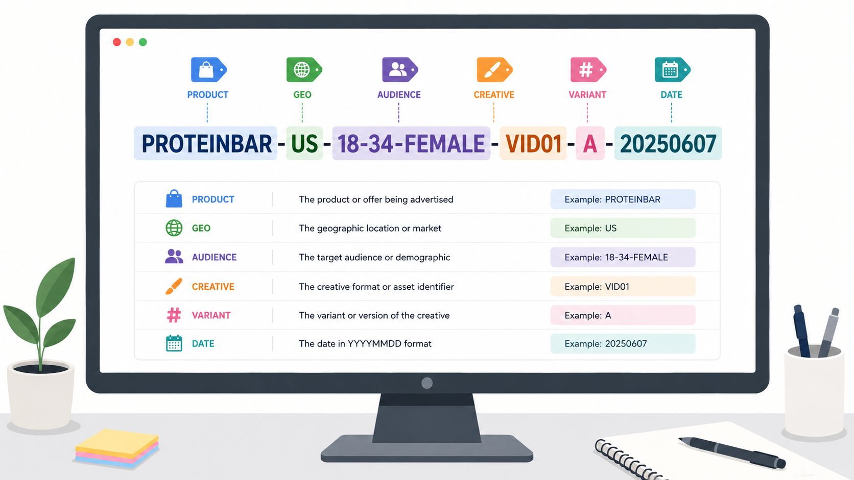 A computer screen displaying a visual guide on how to structure a meta advertising campaign naming convention.