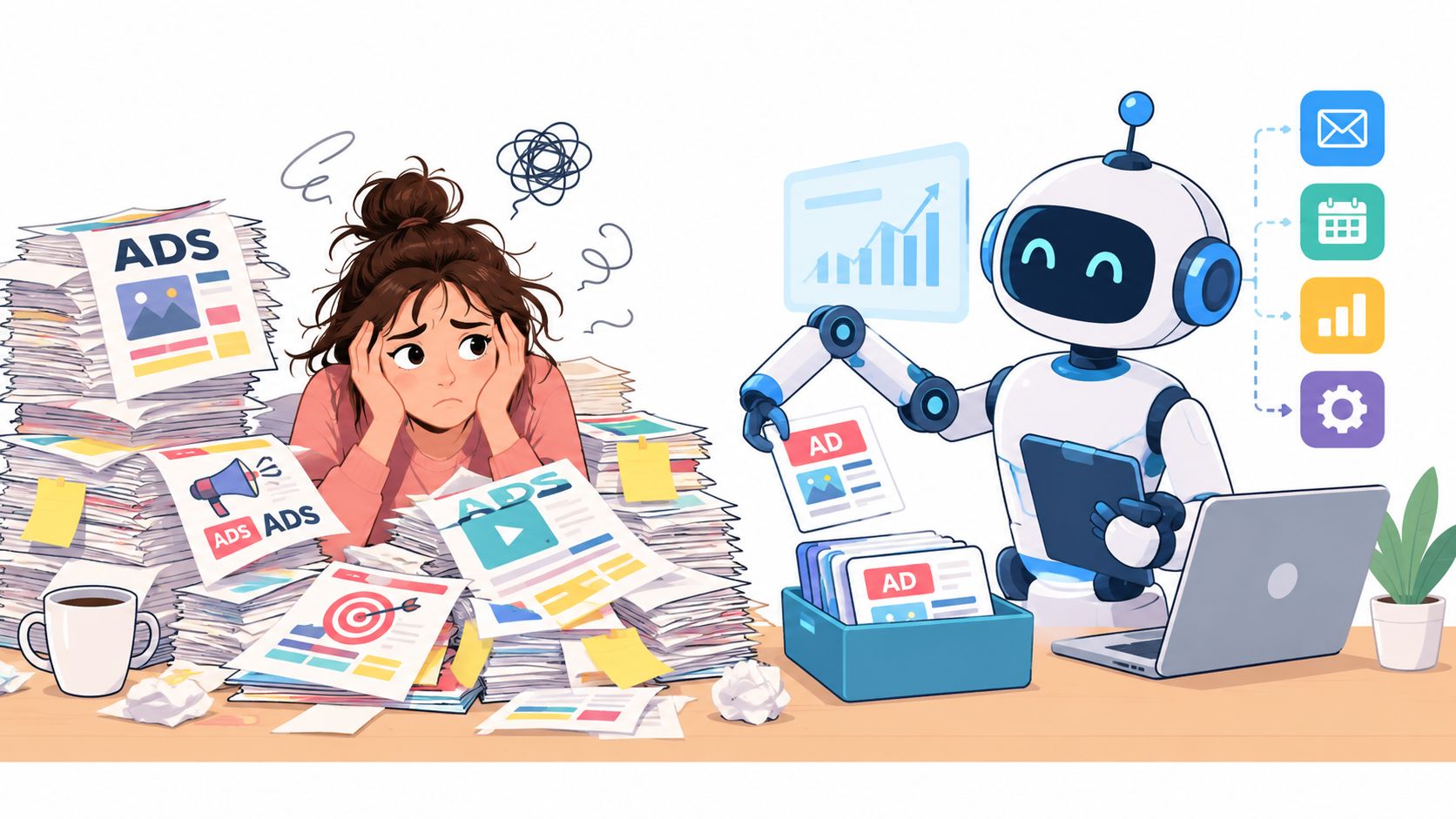A stressed woman buried under piles of advertising paperwork compared to an efficient robot managing digital marketing tasks.