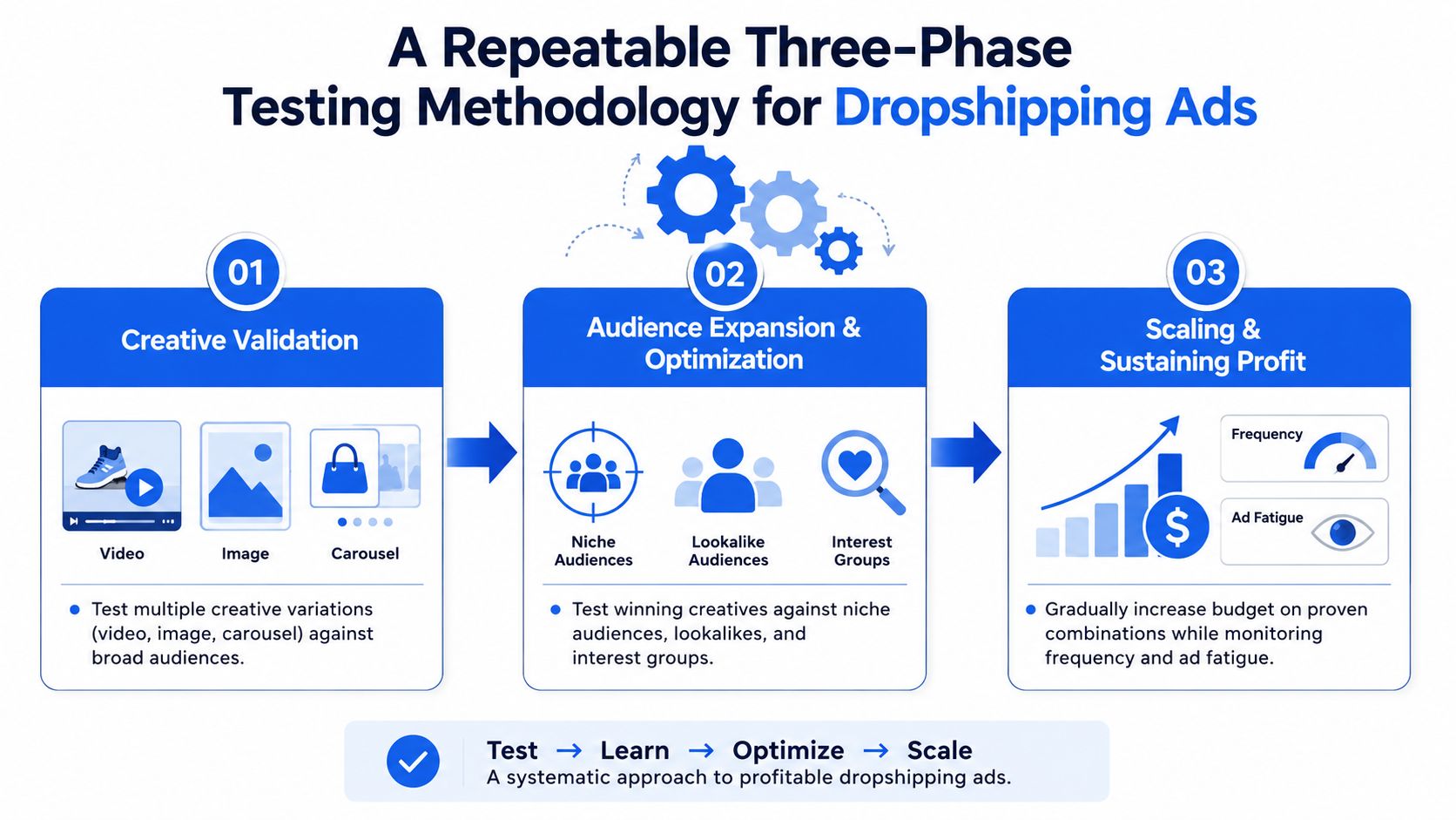 A diagram illustrating a three-phase dropshipping ads methodology, including creative validation, audience expansion, and scaling for profit.