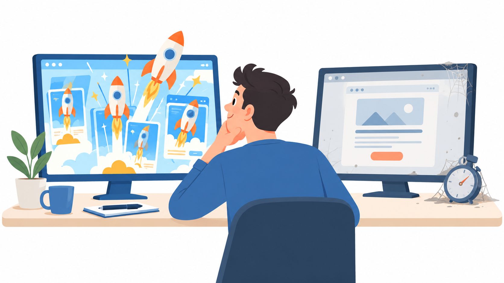 A designer sits at a desk comparing a high-performing rocket-themed landing page with an abandoned, dusty web page.