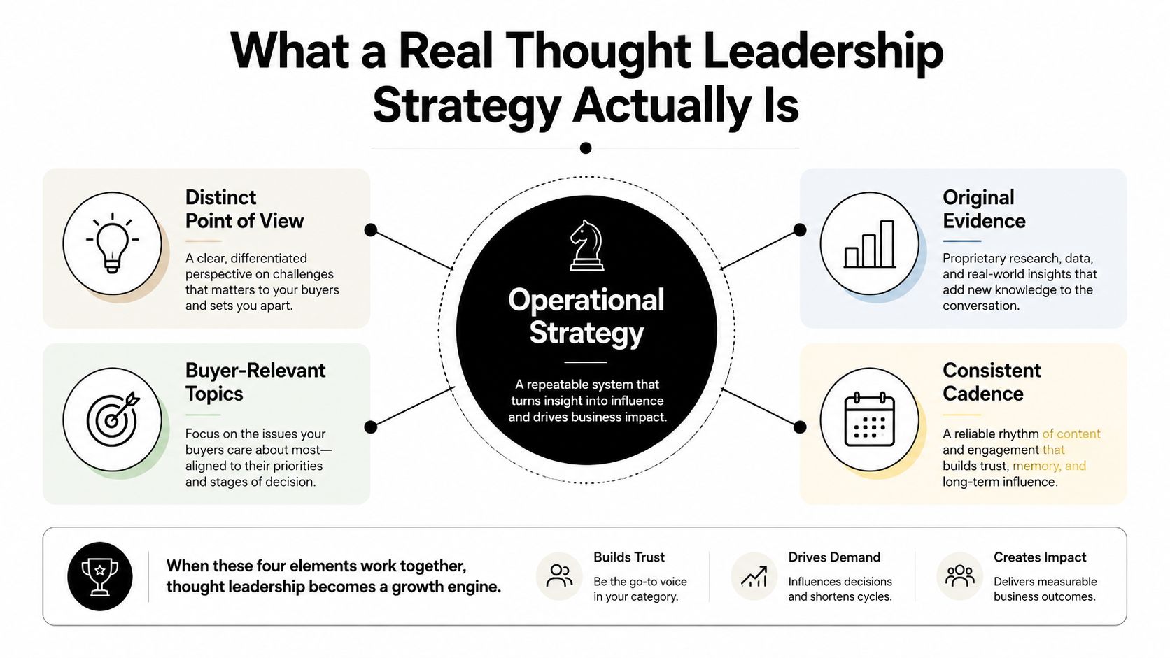 An infographic titled What a Real Thought Leadership Strategy Actually Is, featuring four key pillars of strategy.