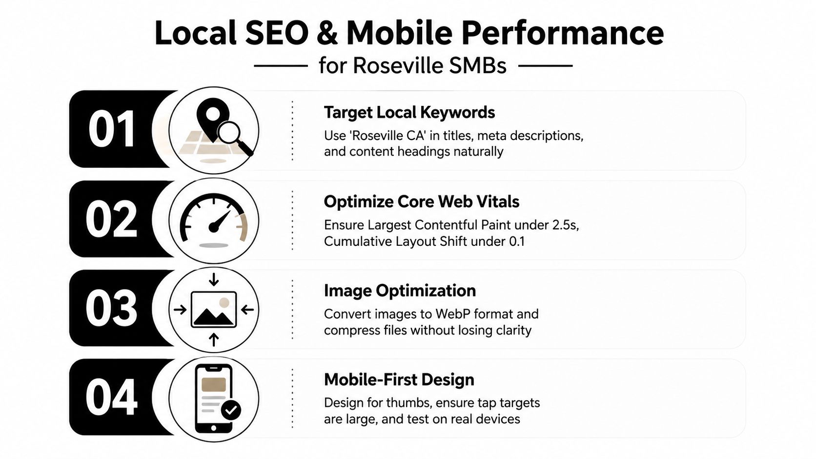 A four-step infographic illustrating essential local SEO and mobile performance optimization tips for Roseville small businesses.