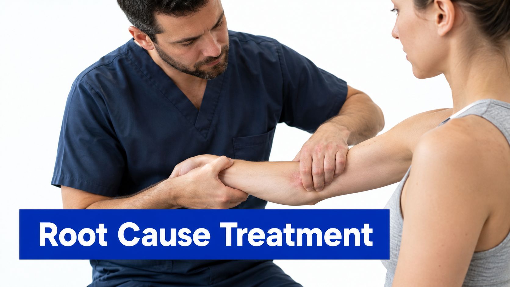 A professional medical practitioner examines a patient's arm to identify the root cause of elbow pain.